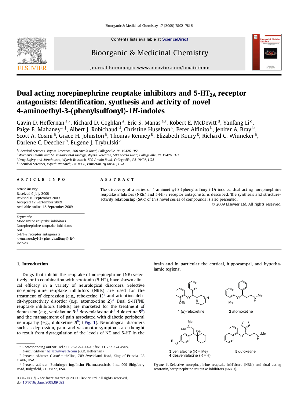 Dual acting norepinephrine reuptake inhibitors and 5-HT2A receptor antagonists: Identification, synthesis and activity of novel 4-aminoethyl-3-(phenylsulfonyl)-1H-indoles