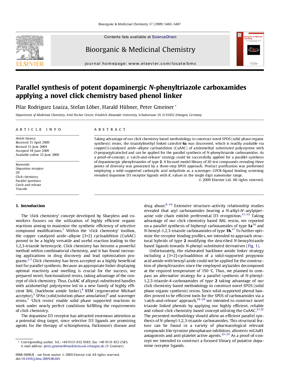 Parallel synthesis of potent dopaminergic N-phenyltriazole carboxamides applying a novel click chemistry based phenol linker