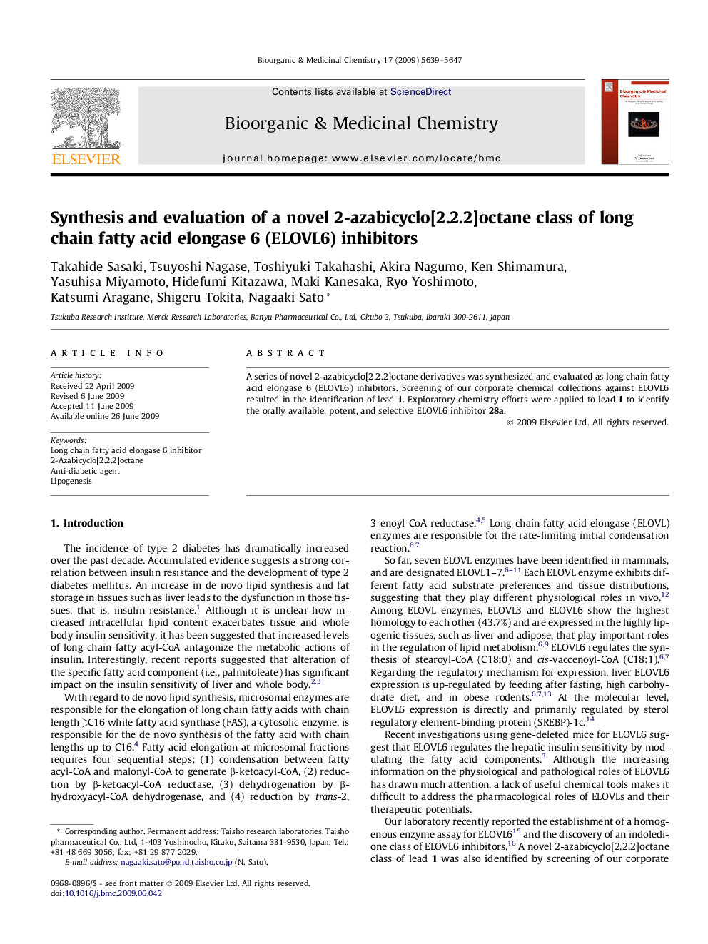 Synthesis and evaluation of a novel 2-azabicyclo[2.2.2]octane class of long chain fatty acid elongase 6 (ELOVL6) inhibitors