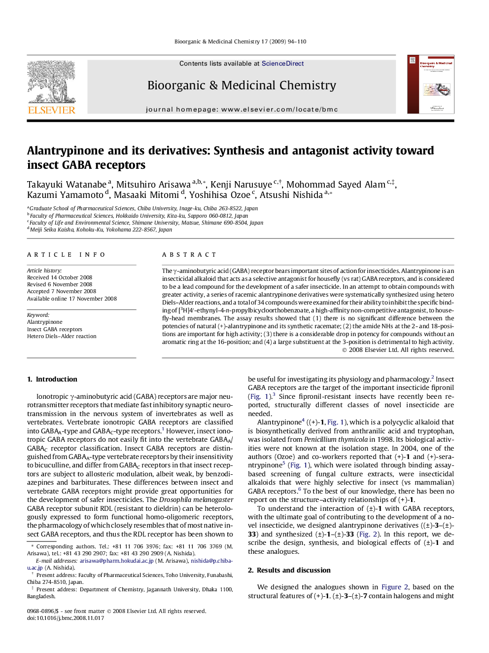عکس صفحه اول مقاله: Alantrypinone and its derivatives: Synthesis and antagonist activity toward insect GABA receptors Alantrypinone and its derivatives: Synthesis and antagonist activity toward insect GABA receptors