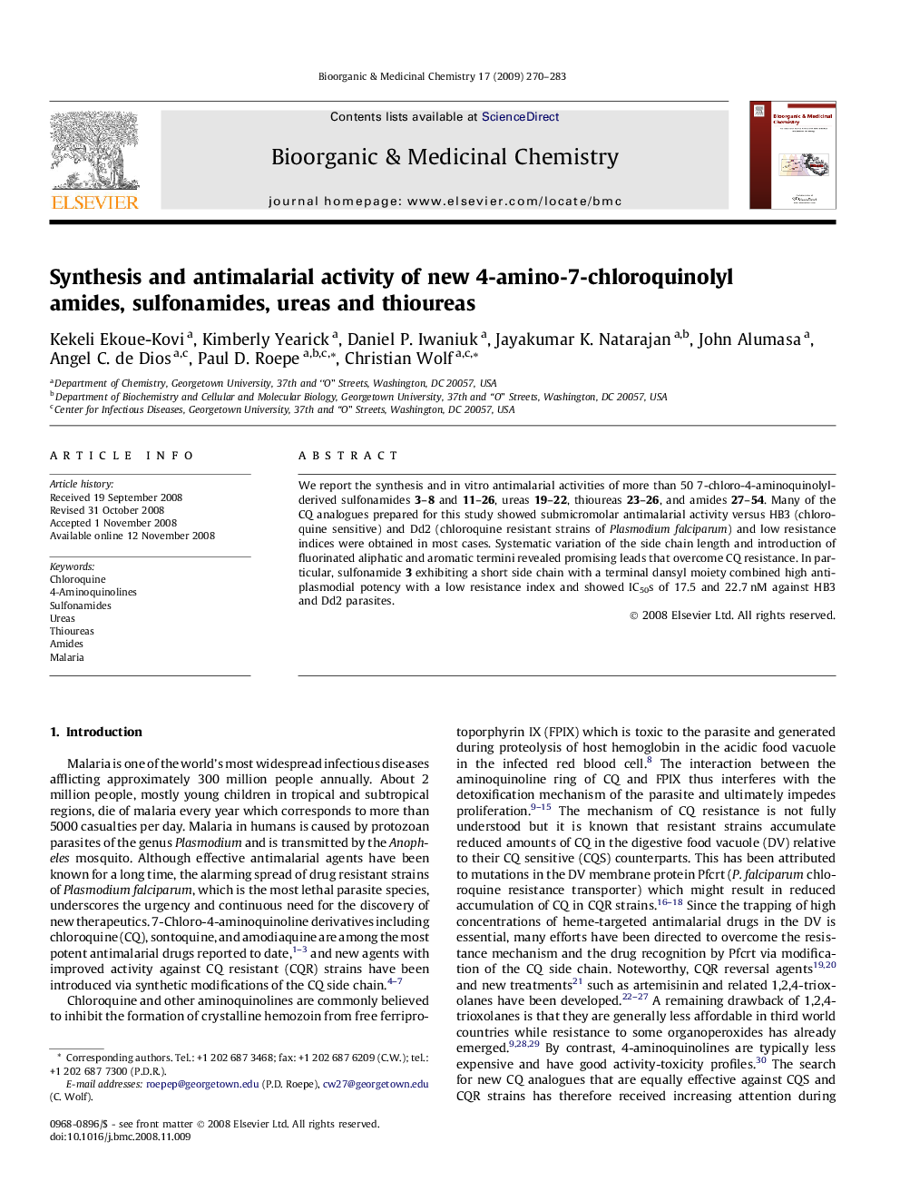 Synthesis and antimalarial activity of new 4-amino-7-chloroquinolyl amides, sulfonamides, ureas and thioureas