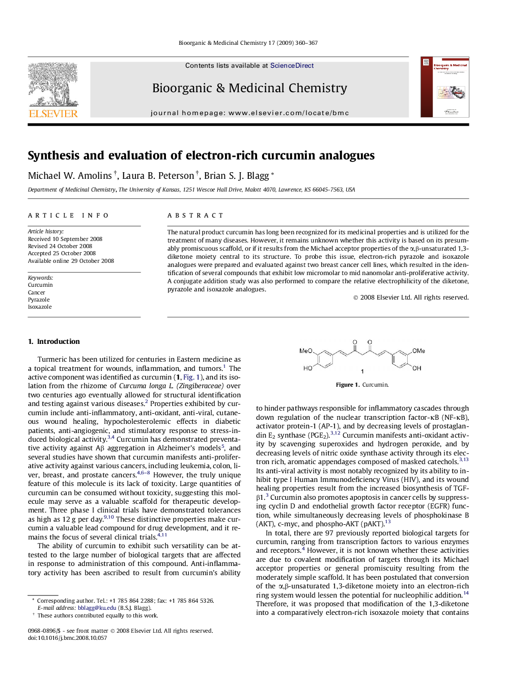 Synthesis and evaluation of electron-rich curcumin analogues