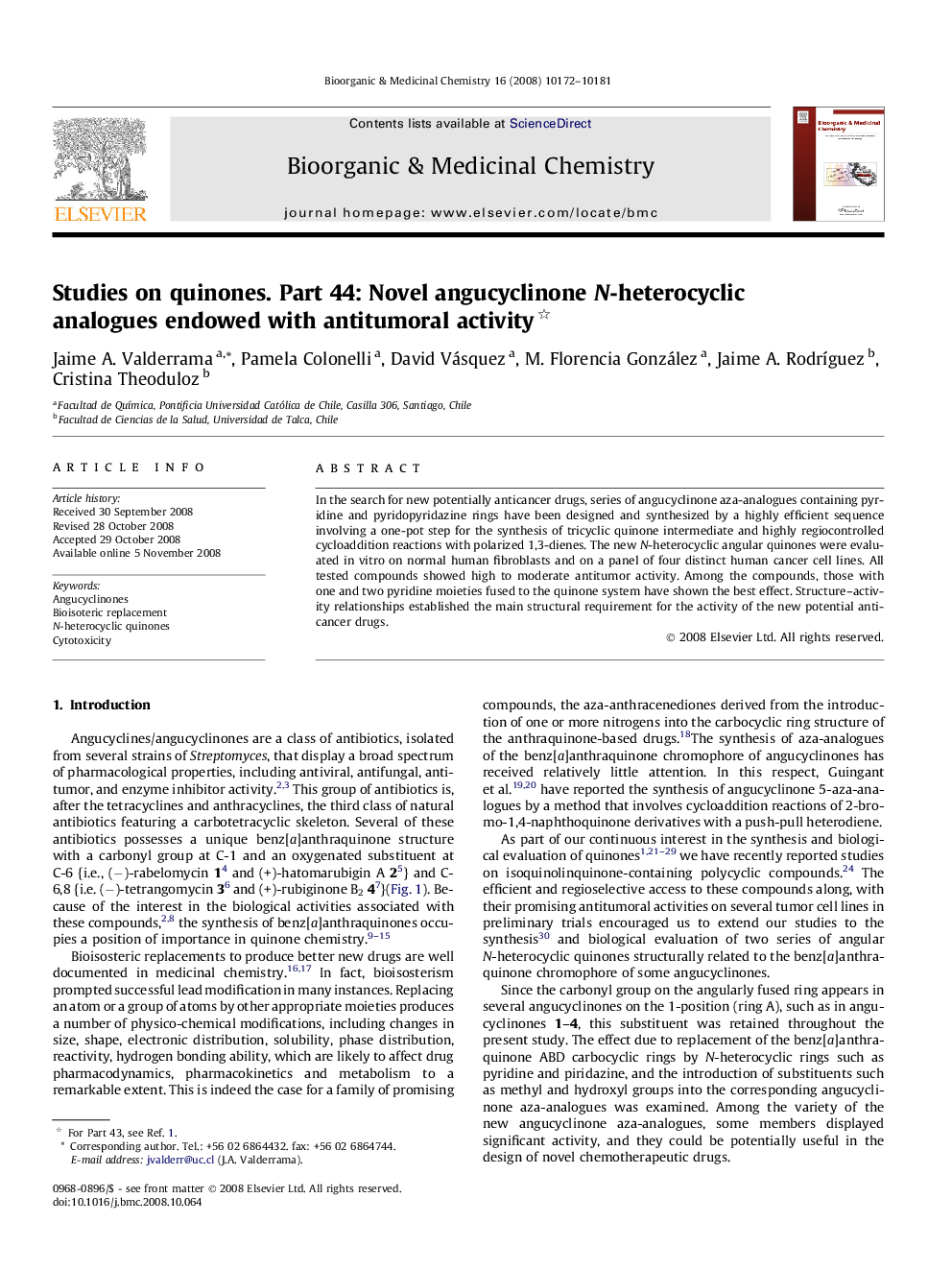 عکس صفحه اول مقاله: Studies on quinones. Part 44: Novel angucyclinone N-heterocyclic analogues endowed with antitumoral activity Studies on quinones. Part 44: Novel angucyclinone N-heterocyclic analogues endowed with antitumoral activity