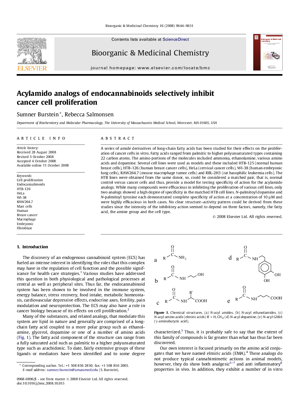 Acylamido analogs of endocannabinoids selectively inhibit cancer cell proliferation