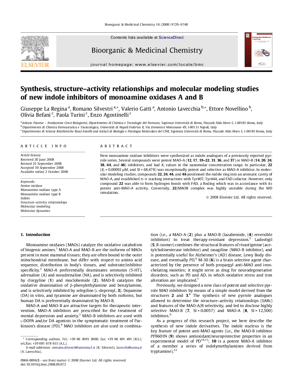 Synthesis, structure–activity relationships and molecular modeling studies of new indole inhibitors of monoamine oxidases A and B