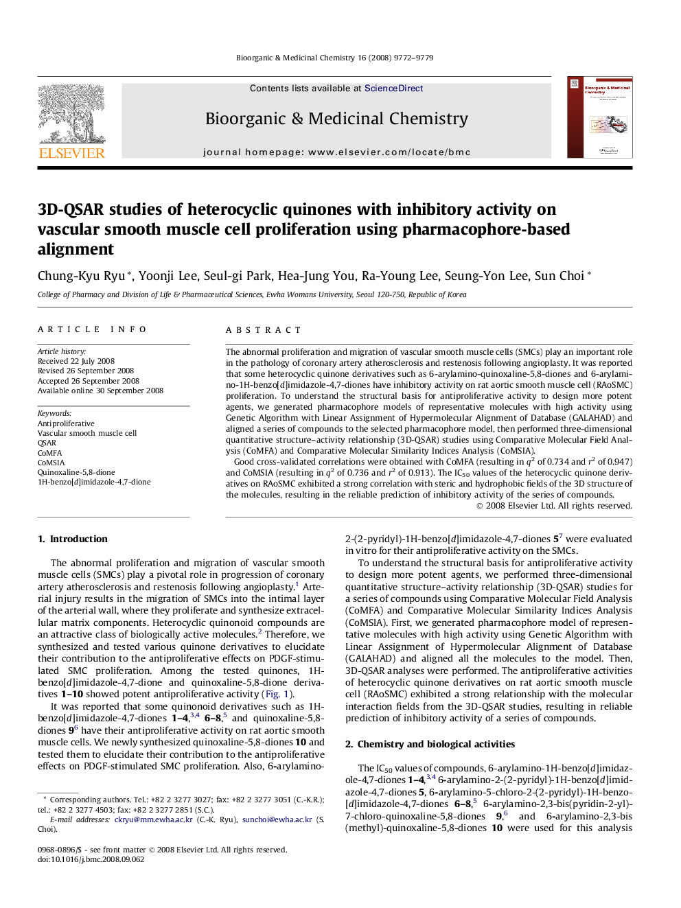 3D-QSAR studies of heterocyclic quinones with inhibitory activity on vascular smooth muscle cell proliferation using pharmacophore-based alignment