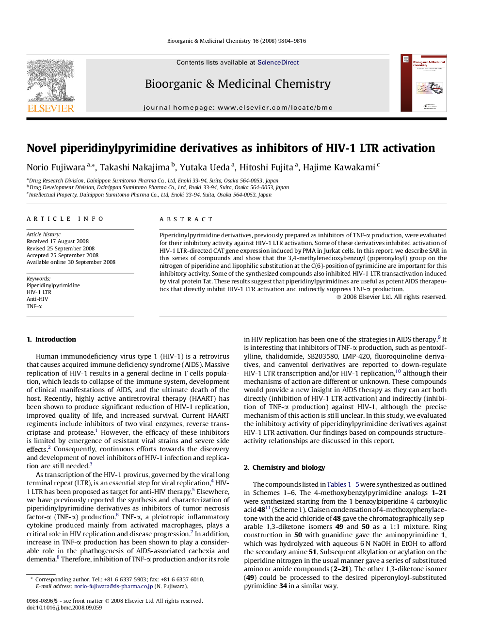 Novel piperidinylpyrimidine derivatives as inhibitors of HIV-1 LTR activation