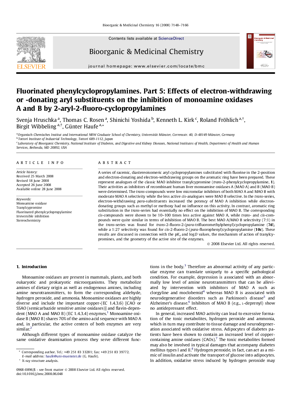 Fluorinated phenylcyclopropylamines. Part 5: Effects of electron-withdrawing or -donating aryl substituents on the inhibition of monoamine oxidases A and B by 2-aryl-2-fluoro-cyclopropylamines