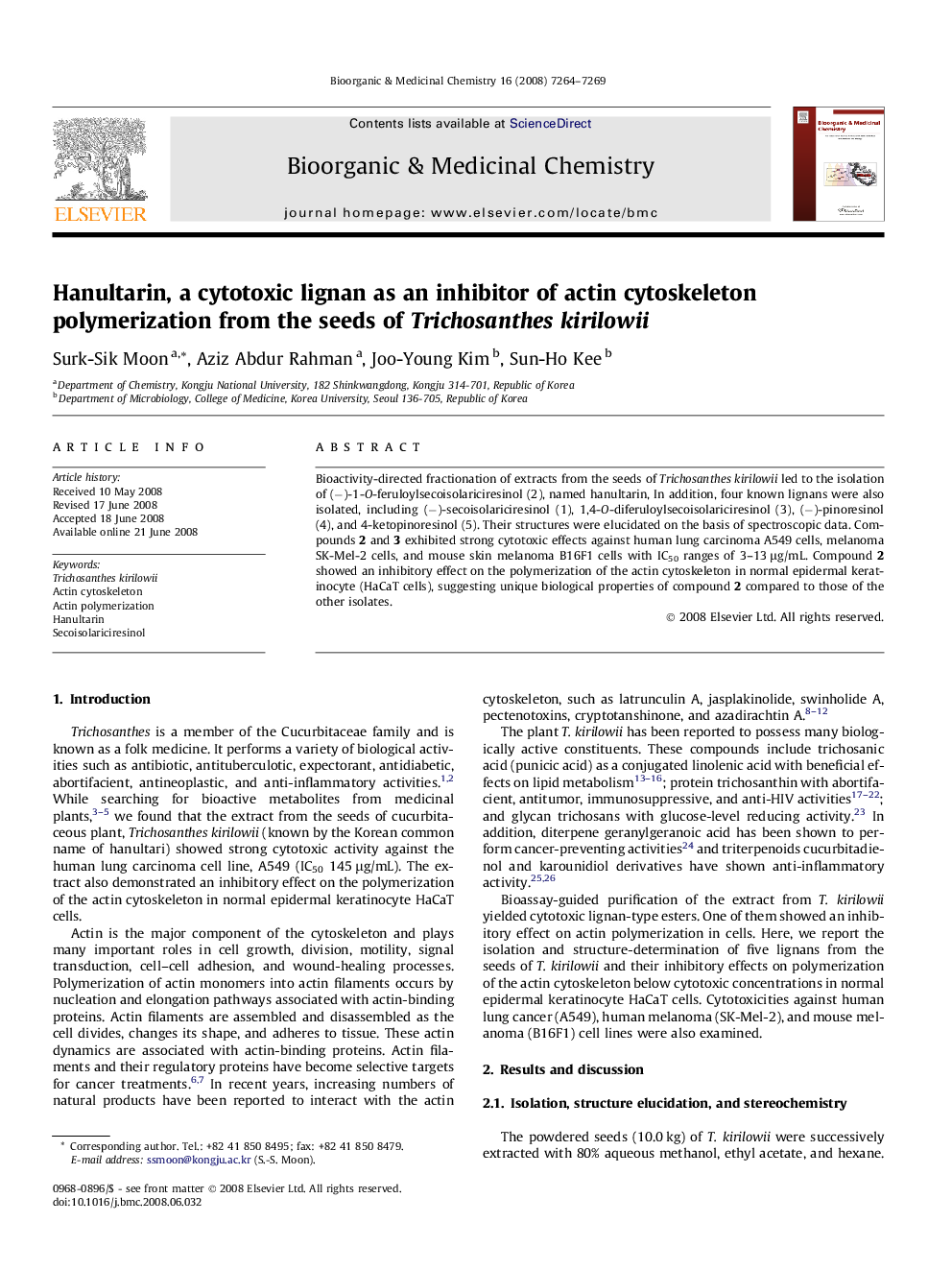 Hanultarin, a cytotoxic lignan as an inhibitor of actin cytoskeleton polymerization from the seeds of Trichosanthes kirilowii