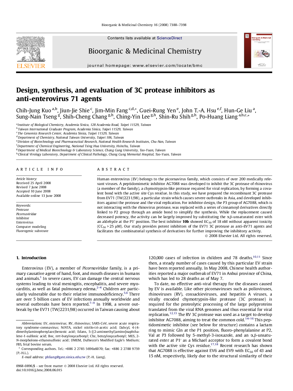 Design, synthesis, and evaluation of 3C protease inhibitors as anti-enterovirus 71 agents