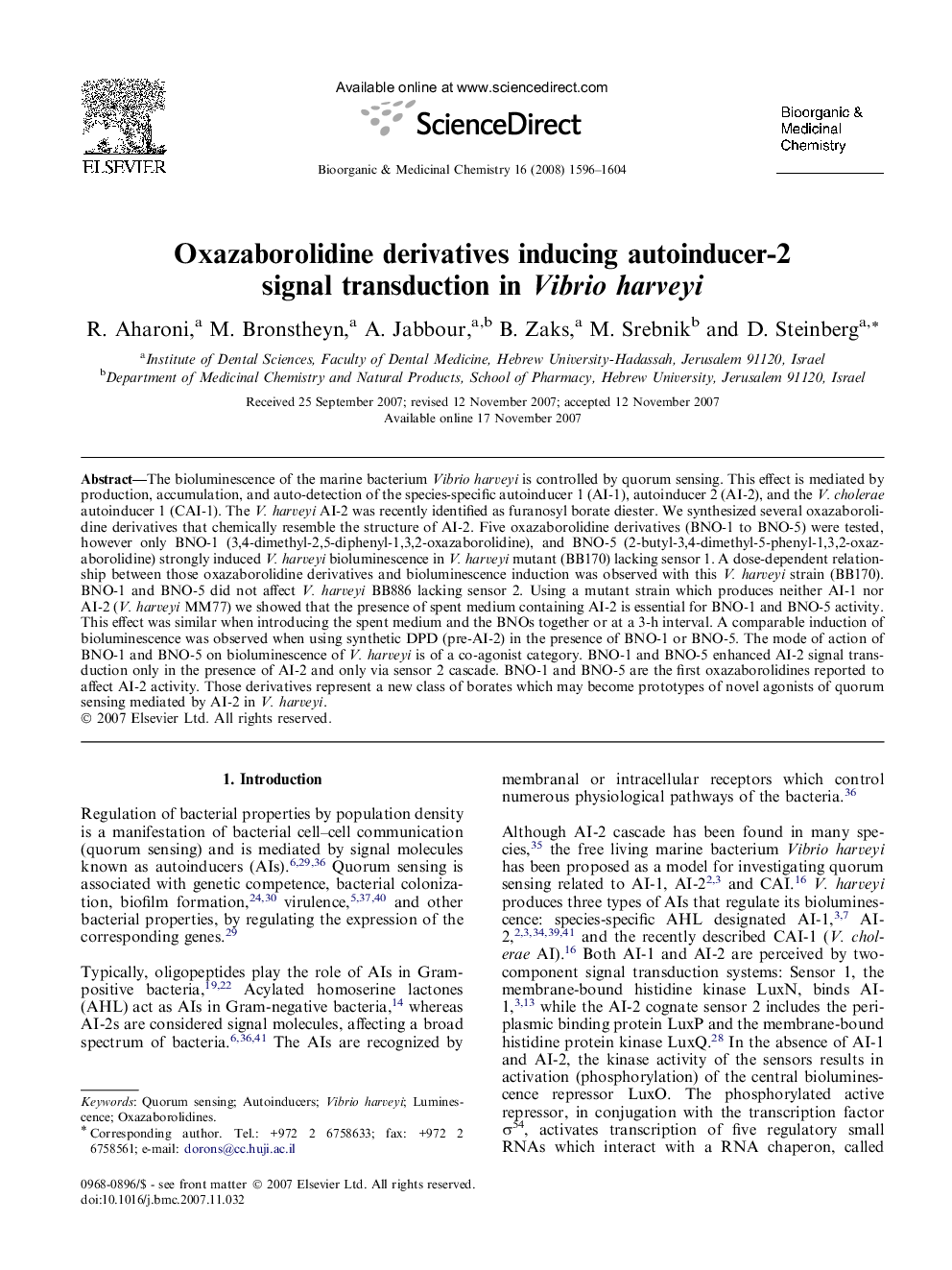 Oxazaborolidine derivatives inducing autoinducer-2 signal transduction in Vibrio harveyi