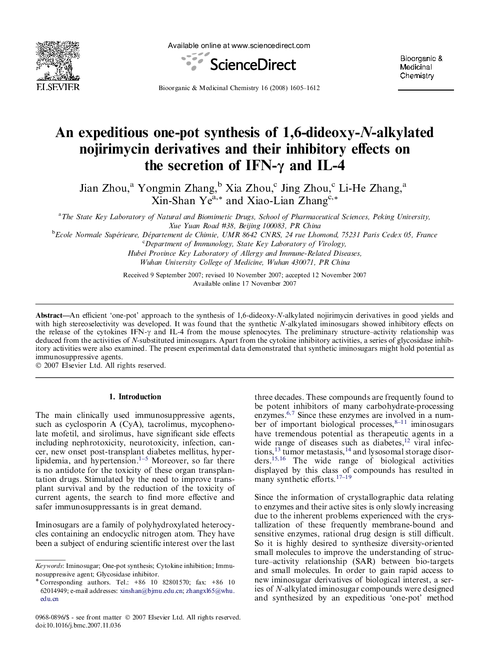 عکس صفحه اول مقاله: An expeditious one-pot synthesis of 1,6-dideoxy-N-alkylated nojirimycin derivatives and their inhibitory effects on the secretion of IFN-γ and IL-4 An expeditious one-pot synthesis of 1,6-dideoxy-N-alkylated nojirimycin derivatives and their inhibitory effects on the secretion of IFN-γ and IL-4