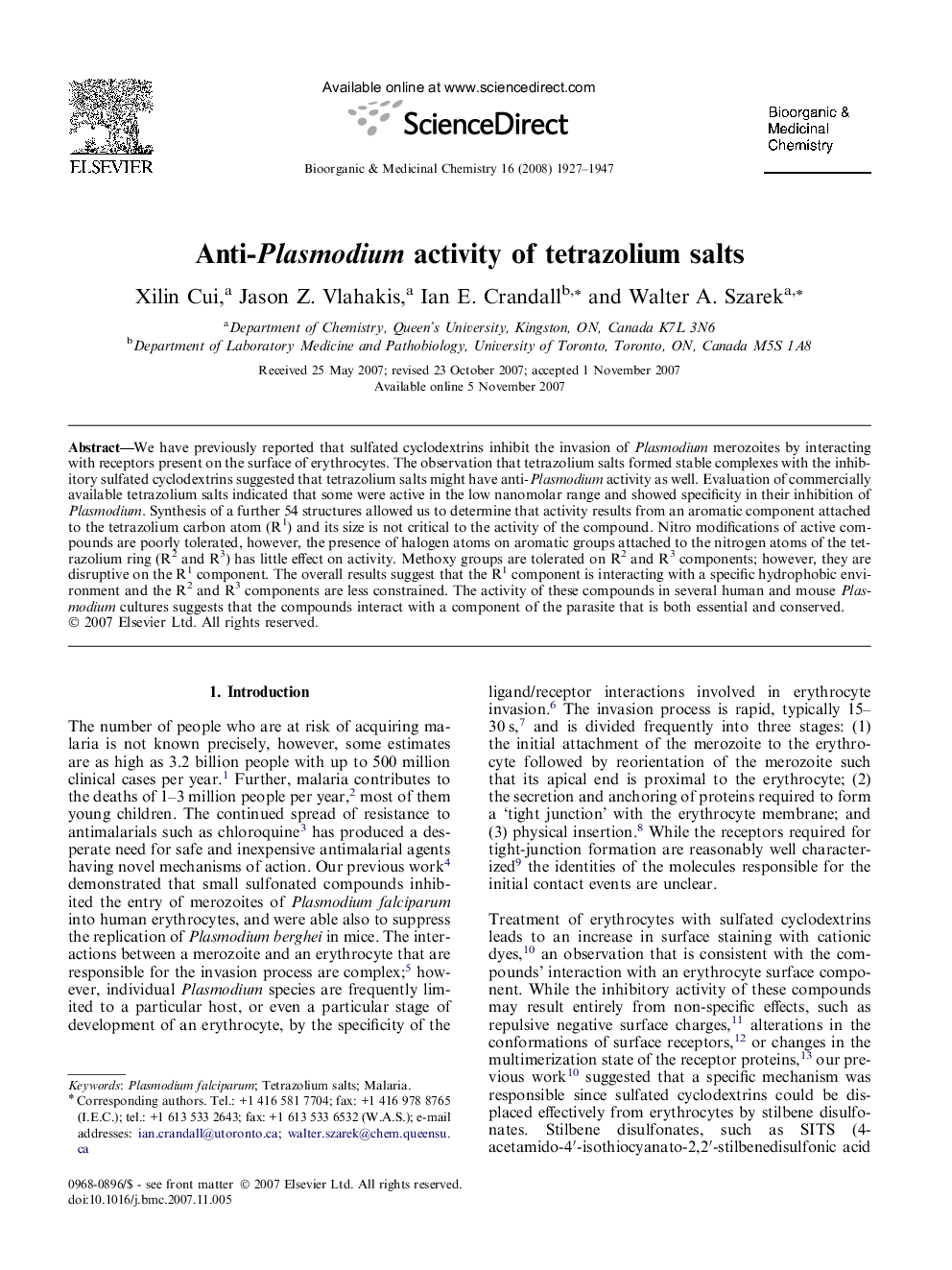 Anti-Plasmodium activity of tetrazolium salts