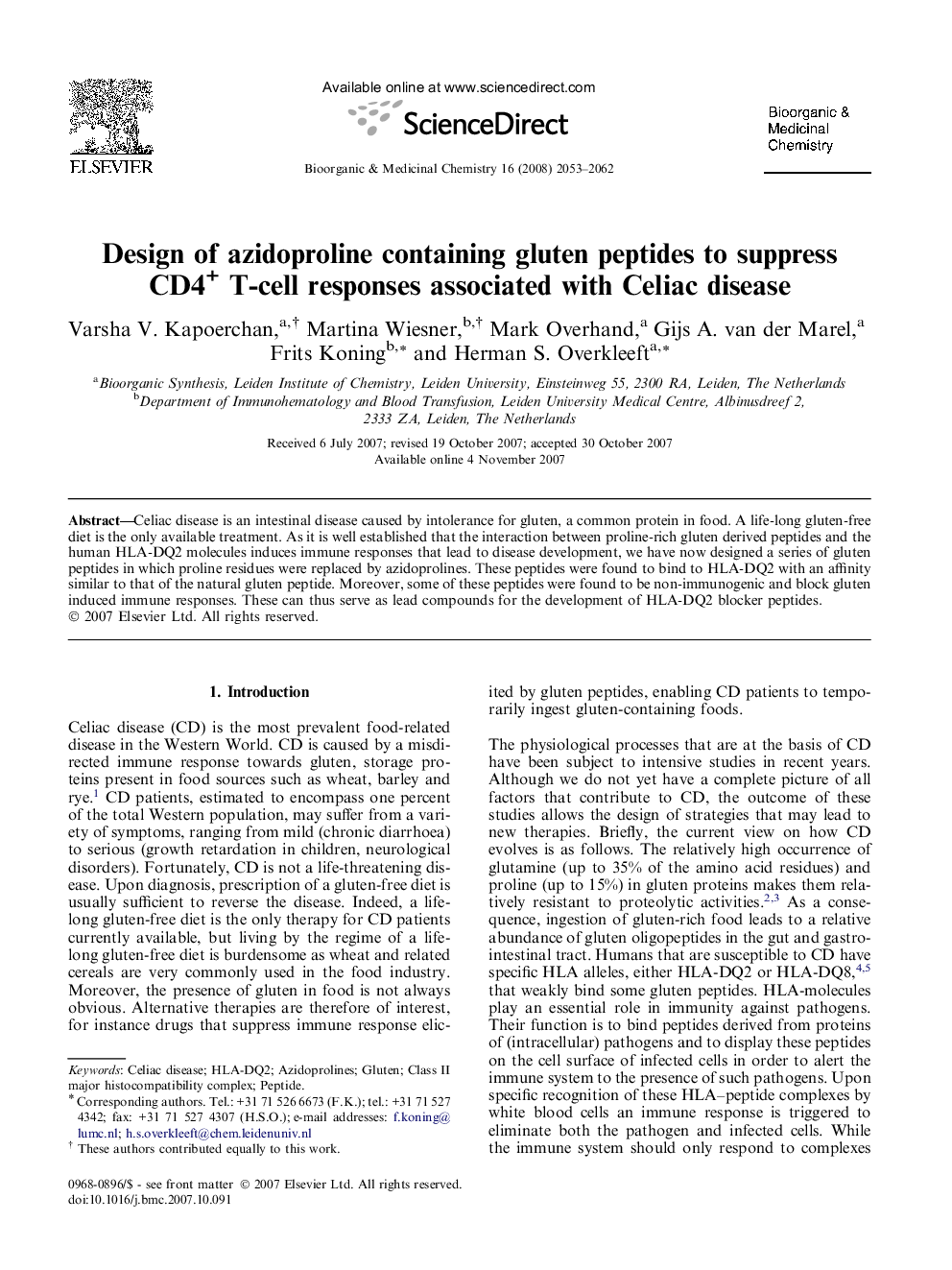 Design of azidoproline containing gluten peptides to suppress CD4+ T-cell responses associated with Celiac disease