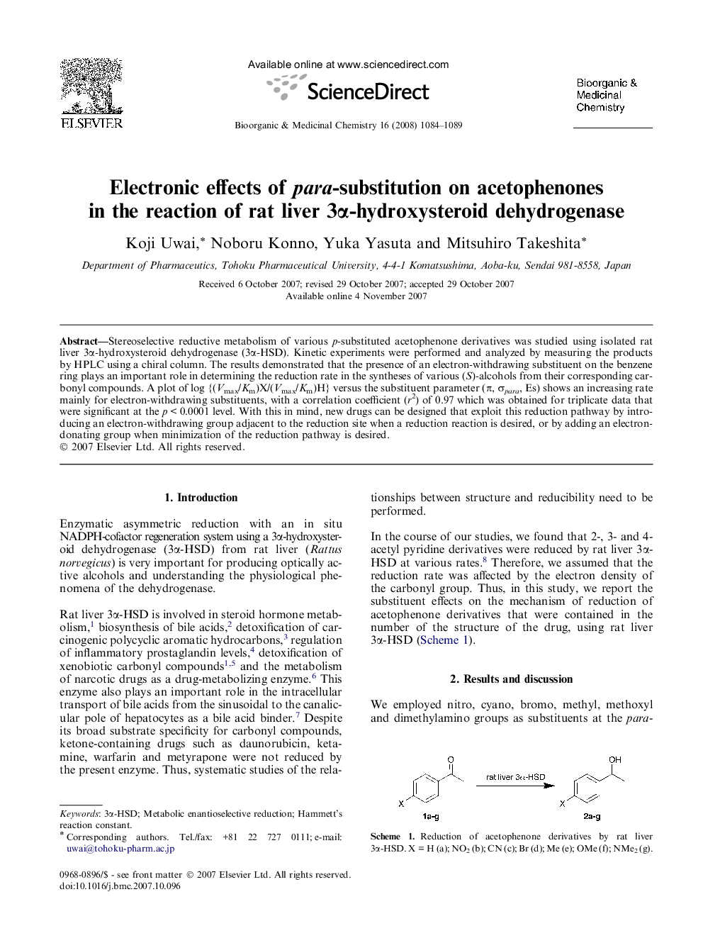 عکس صفحه اول مقاله: Electronic effects of para-substitution on acetophenones in the reaction of rat liver 3α-hydroxysteroid dehydrogenase Electronic effects of para-substitution on acetophenones in the reaction of rat liver 3α-hydroxysteroid dehydrogenase