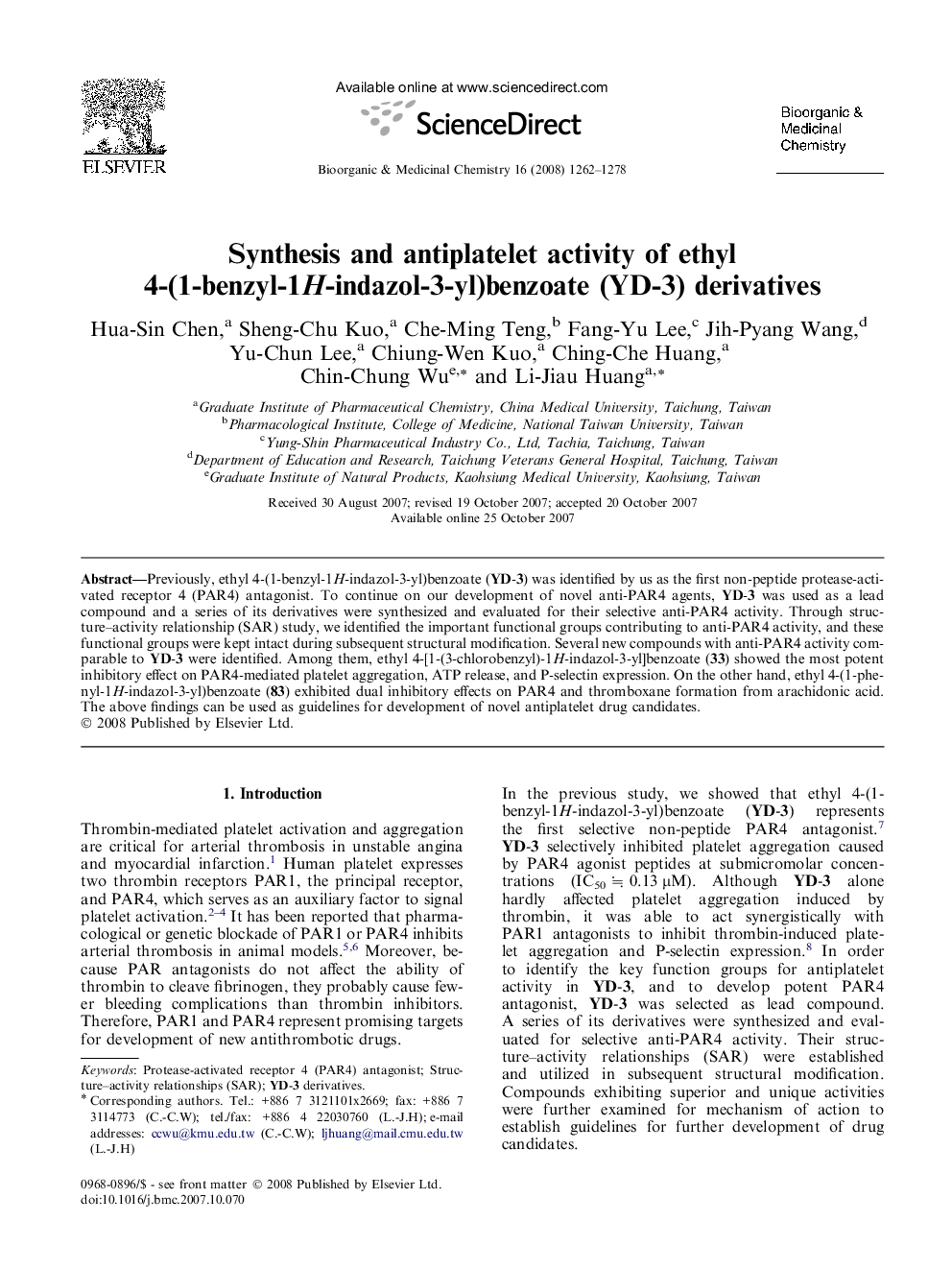 عکس صفحه اول مقاله: Synthesis and antiplatelet activity of ethyl 4-(1-benzyl-1H-indazol-3-yl)benzoate (YD-3) derivatives Synthesis and antiplatelet activity of ethyl 4-(1-benzyl-1H-indazol-3-yl)benzoate (YD-3) derivatives