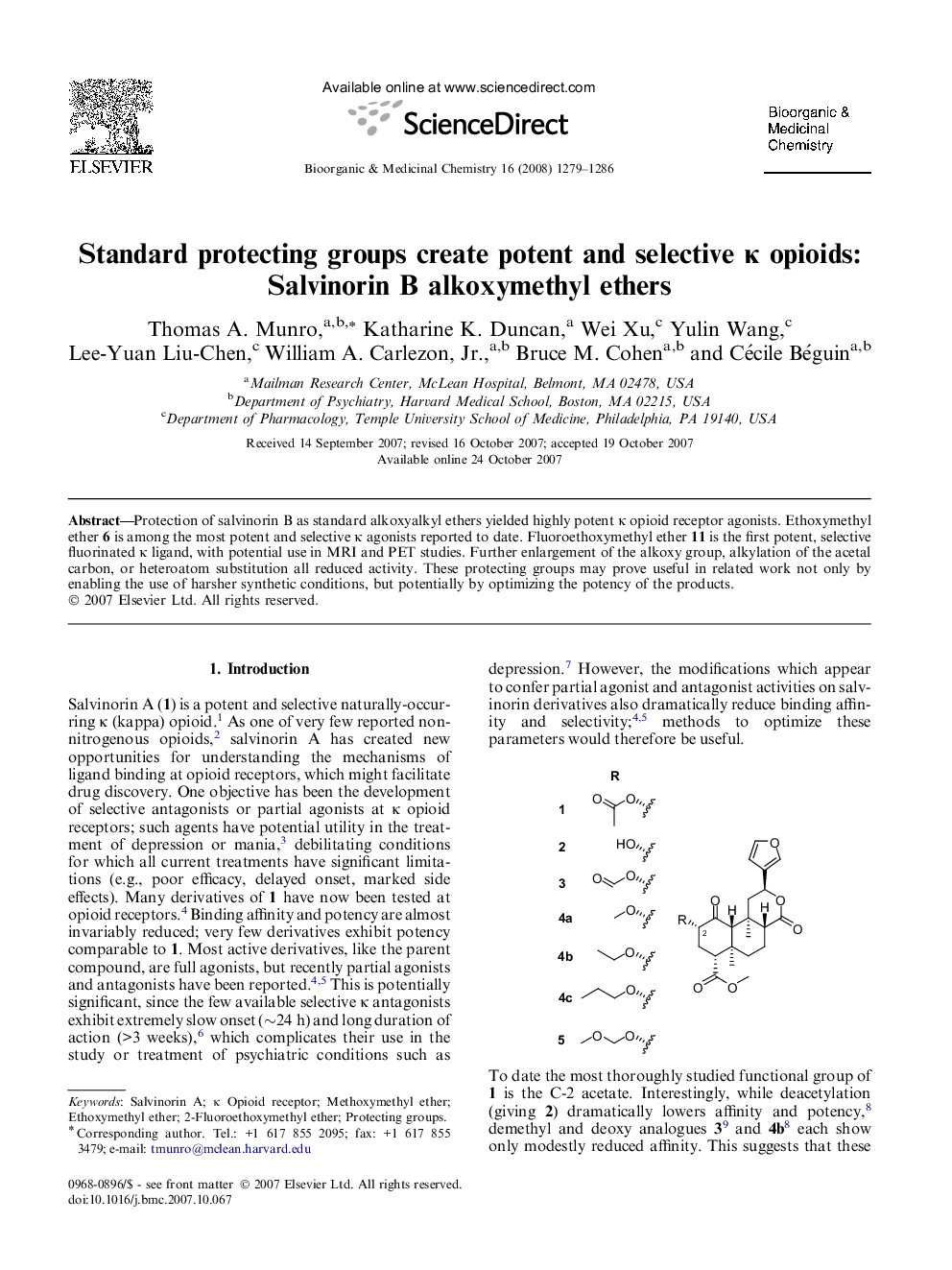 Standard protecting groups create potent and selective κ opioids: Salvinorin B alkoxymethyl ethers