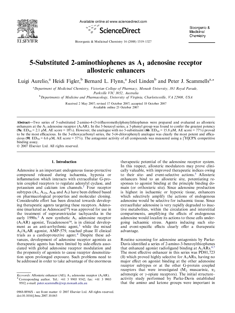 عکس صفحه اول مقاله: 5-Substituted 2-aminothiophenes as A1 adenosine receptor allosteric enhancers 5-Substituted 2-aminothiophenes as A1 adenosine receptor allosteric enhancers