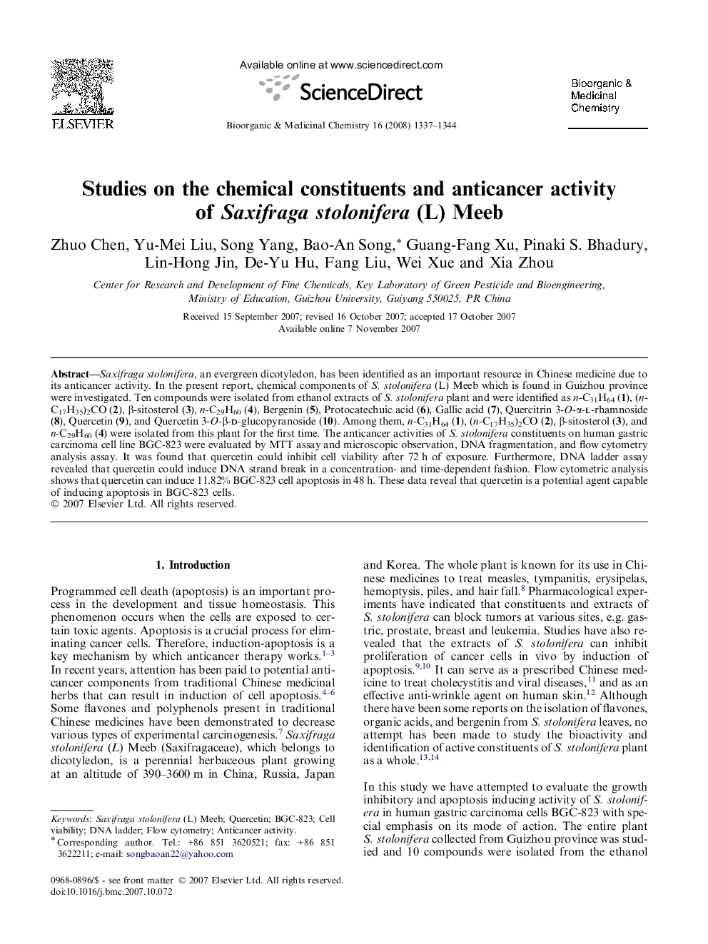 Studies on the chemical constituents and anticancer activity of Saxifraga stolonifera (L) Meeb