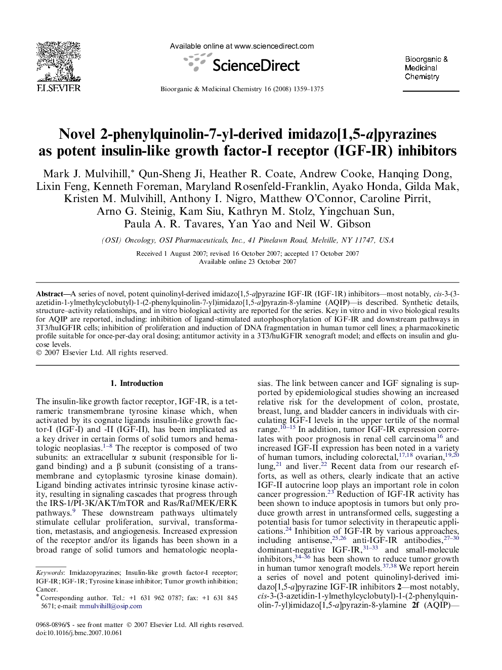 Novel 2-phenylquinolin-7-yl-derived imidazo[1,5-a]pyrazines as potent insulin-like growth factor-I receptor (IGF-IR) inhibitors