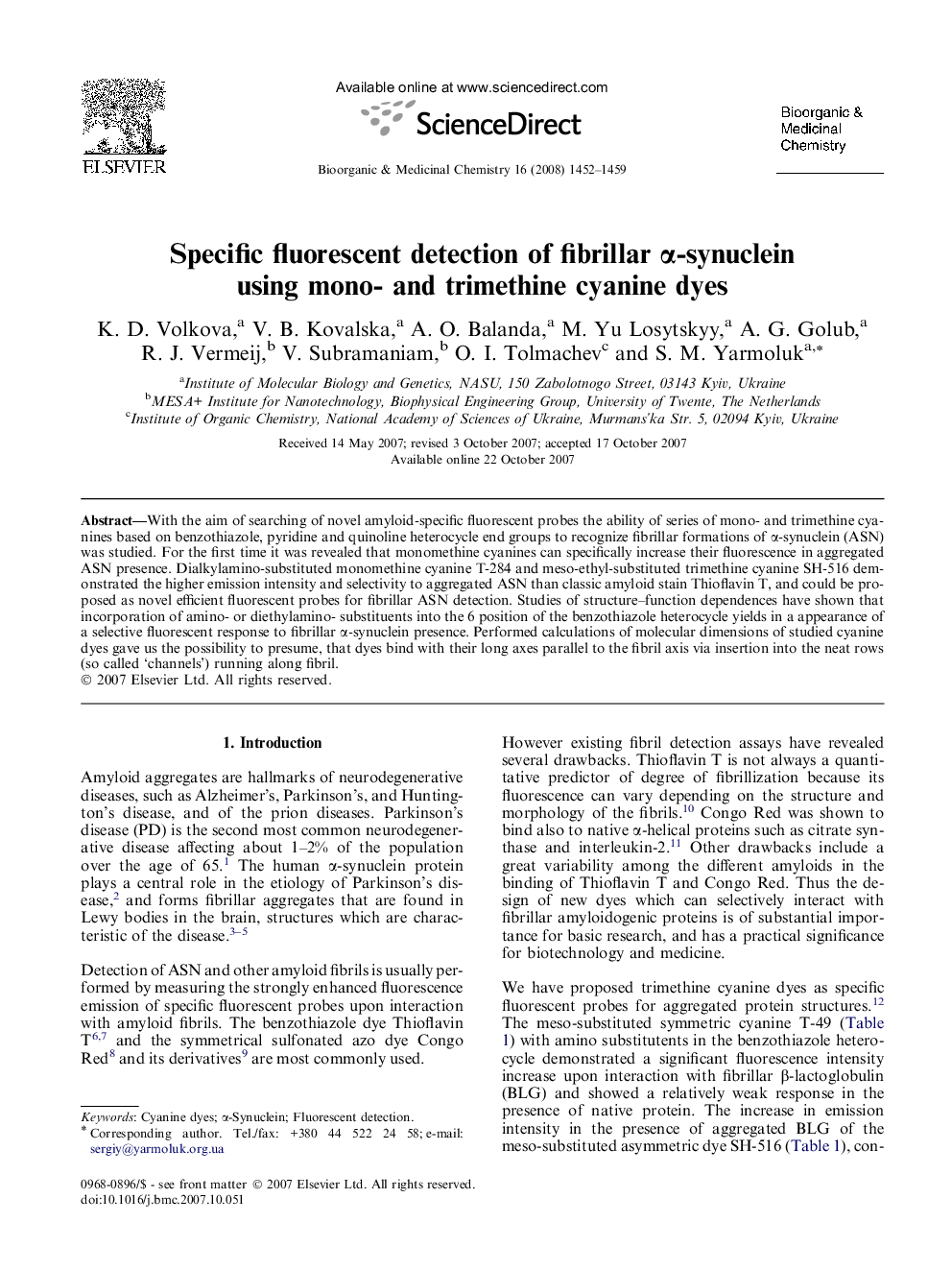 Specific fluorescent detection of fibrillar α-synuclein using mono- and trimethine cyanine dyes