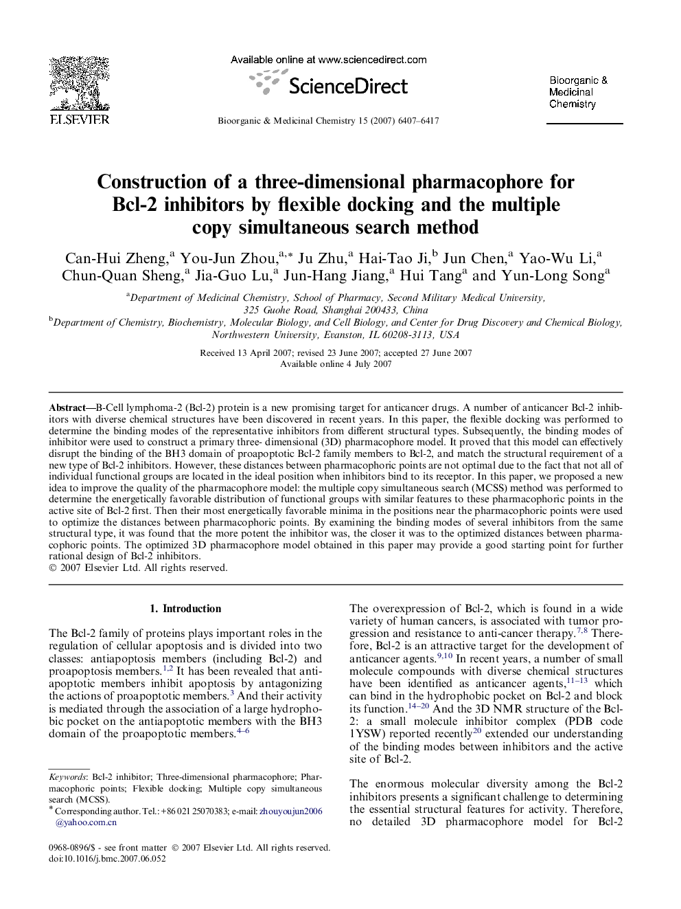 Construction of a three-dimensional pharmacophore for Bcl-2 inhibitors by flexible docking and the multiple copy simultaneous search method