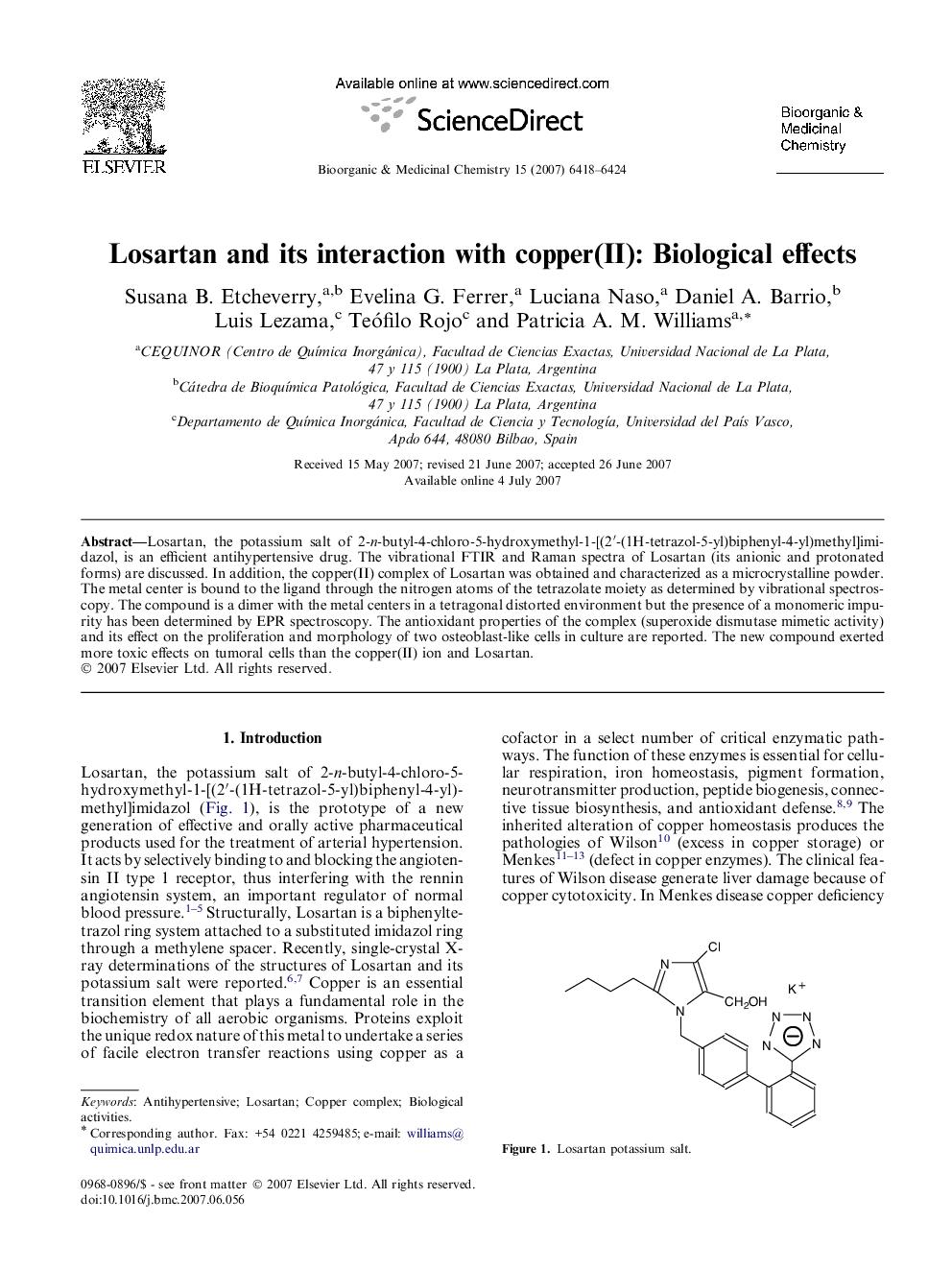 Losartan and its interaction with copper(II): Biological effects