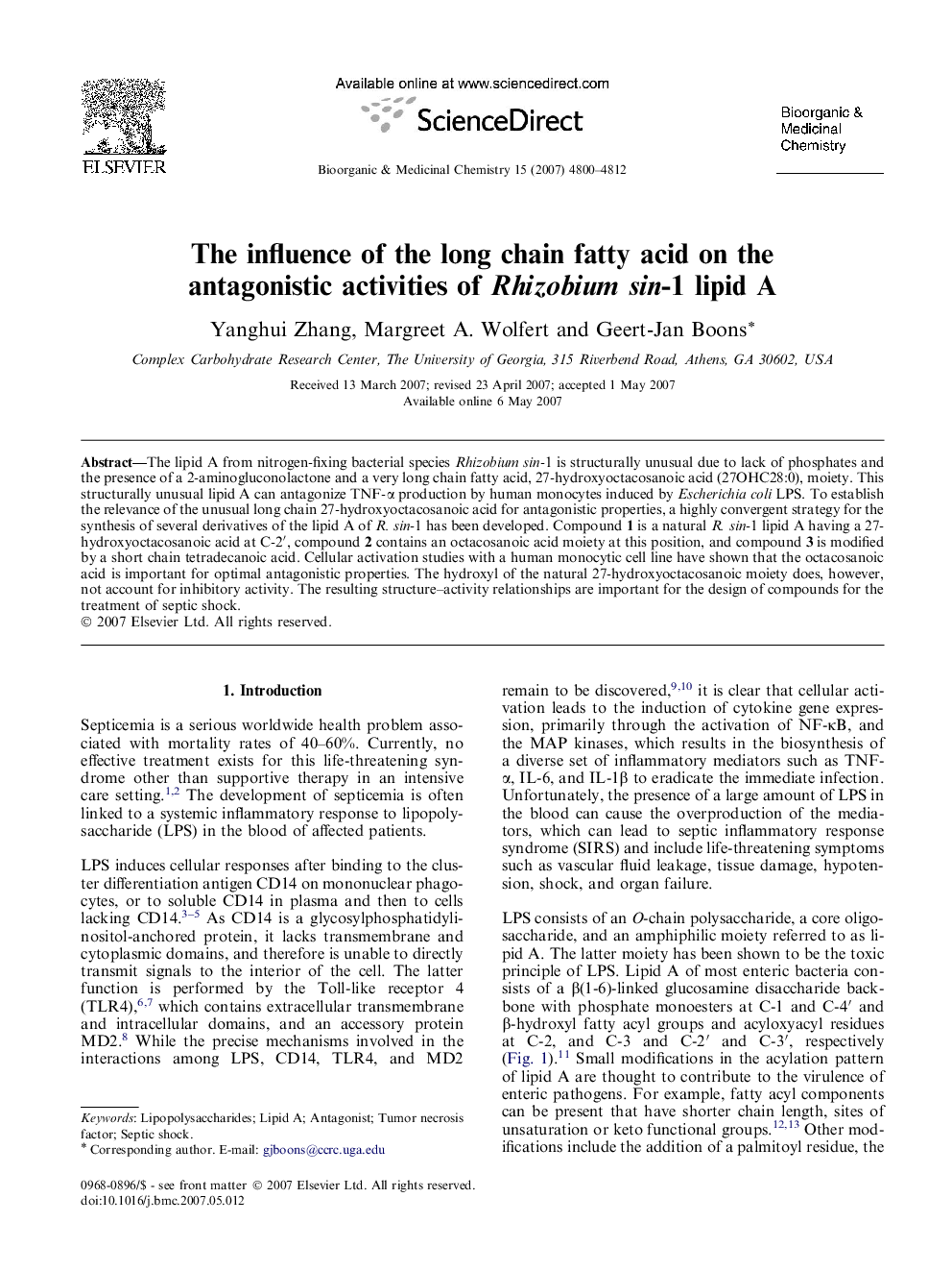 The influence of the long chain fatty acid on the antagonistic activities of Rhizobium sin-1 lipid A