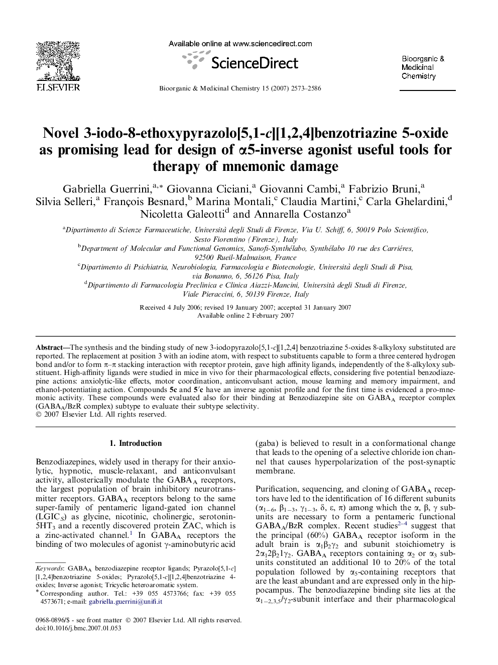 Novel 3-iodo-8-ethoxypyrazolo[5,1-c][1,2,4]benzotriazine 5-oxide as promising lead for design of α5-inverse agonist useful tools for therapy of mnemonic damage