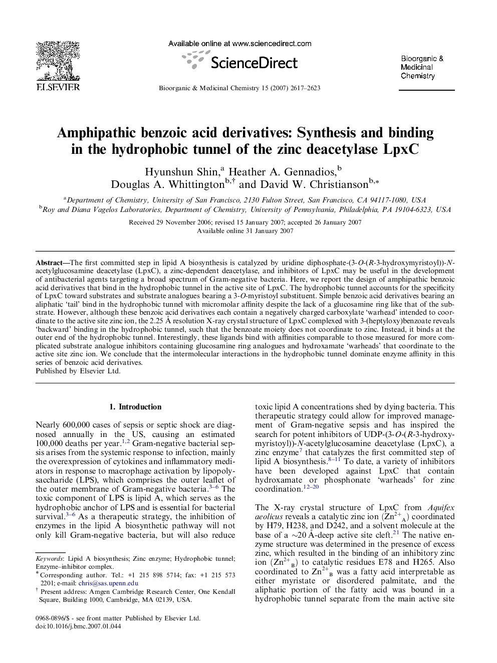 Amphipathic benzoic acid derivatives: Synthesis and binding in the hydrophobic tunnel of the zinc deacetylase LpxC