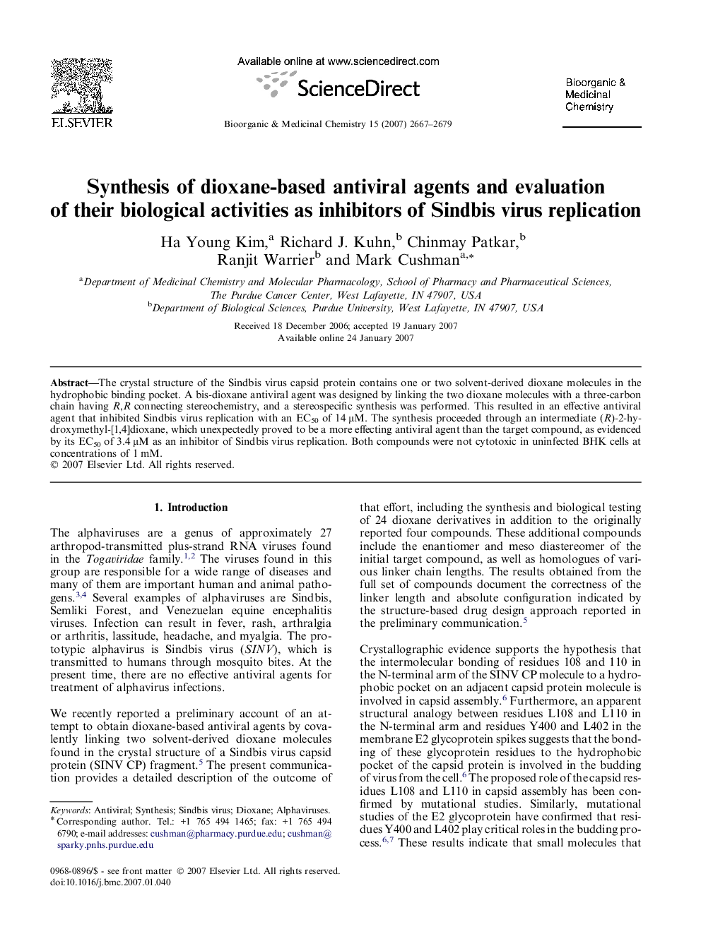 Synthesis of dioxane-based antiviral agents and evaluation of their biological activities as inhibitors of Sindbis virus replication