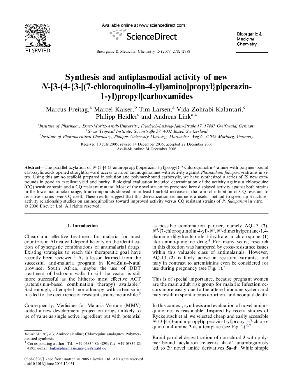 Synthesis and antiplasmodial activity of new N-[3-(4-{3-[(7-chloroquinolin-4-yl)amino]propyl}piperazin-1-yl)propyl]carboxamides