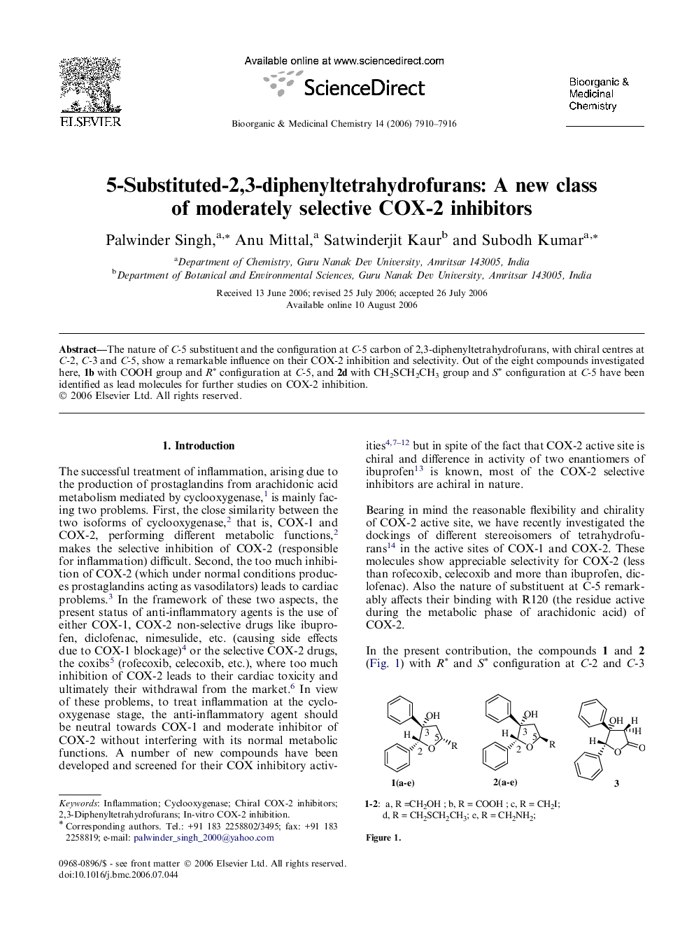 5-Substituted-2,3-diphenyltetrahydrofurans: A new class of moderately selective COX-2 inhibitors