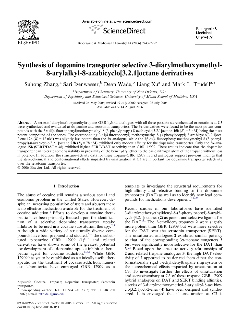 Synthesis of dopamine transporter selective 3-diarylmethoxymethyl-8-arylalkyl-8-azabicyclo[3.2.1]octane derivatives