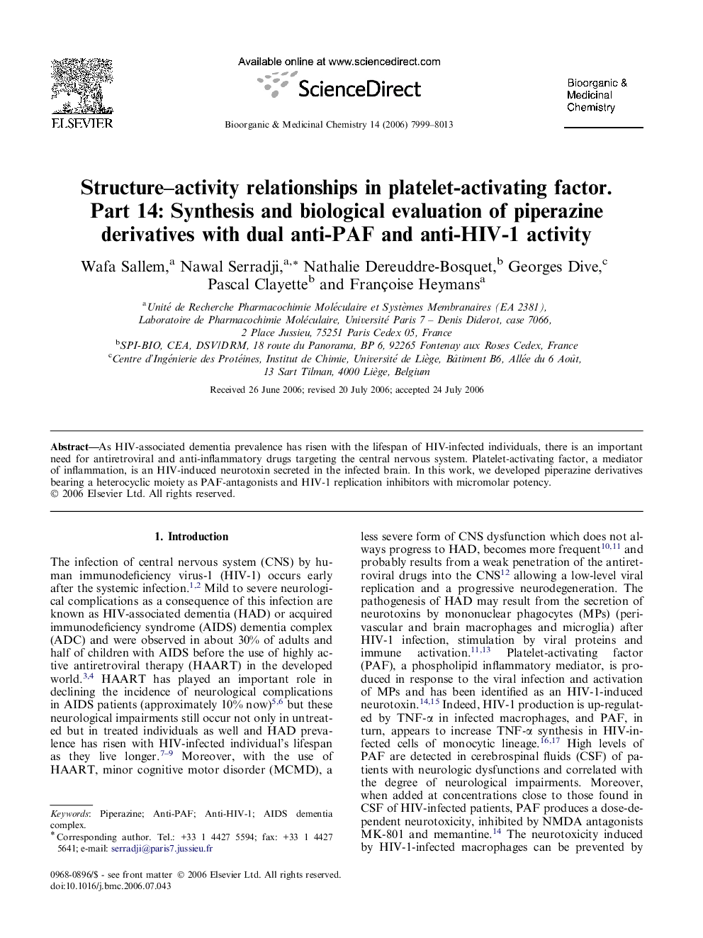 Structure–activity relationships in platelet-activating factor. Part 14: Synthesis and biological evaluation of piperazine derivatives with dual anti-PAF and anti-HIV-1 activity