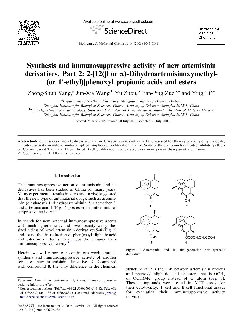 Synthesis and immunosuppressive activity of new artemisinin derivatives. Part 2: 2-[12(β or α)-Dihydroartemisinoxymethyl(or 1′-ethyl)]phenoxyl propionic acids and esters