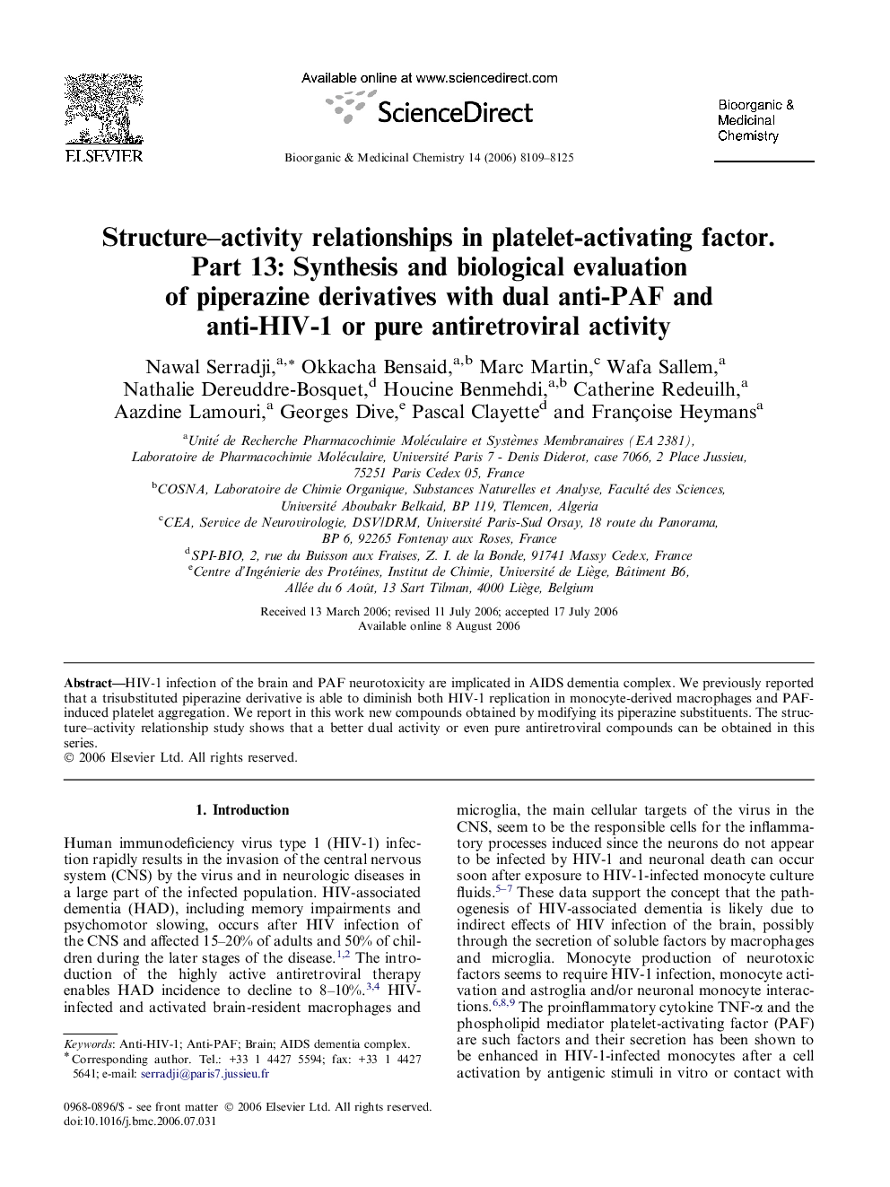 Structure–activity relationships in platelet-activating factor. Part 13: Synthesis and biological evaluation of piperazine derivatives with dual anti-PAF and anti-HIV-1 or pure antiretroviral activity