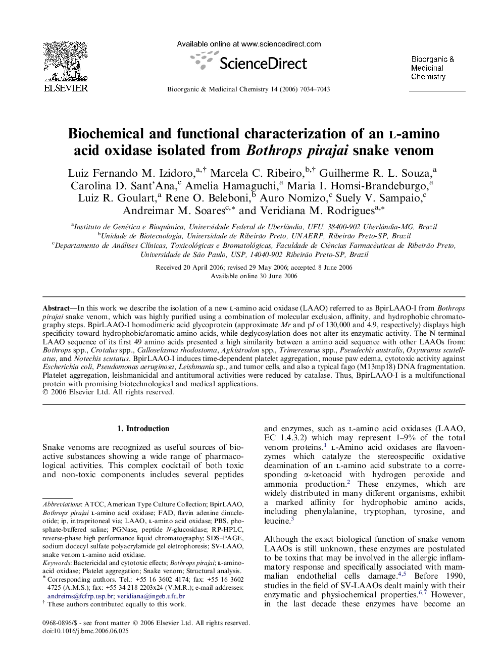 Biochemical and functional characterization of an l-amino acid oxidase isolated from Bothrops pirajai snake venom