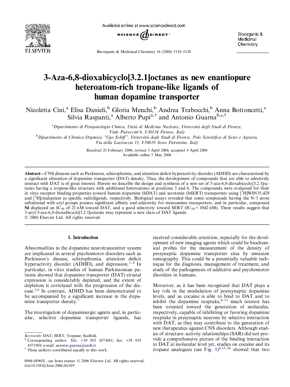 3-Aza-6,8-dioxabicyclo[3.2.1]octanes as new enantiopure heteroatom-rich tropane-like ligands of human dopamine transporter