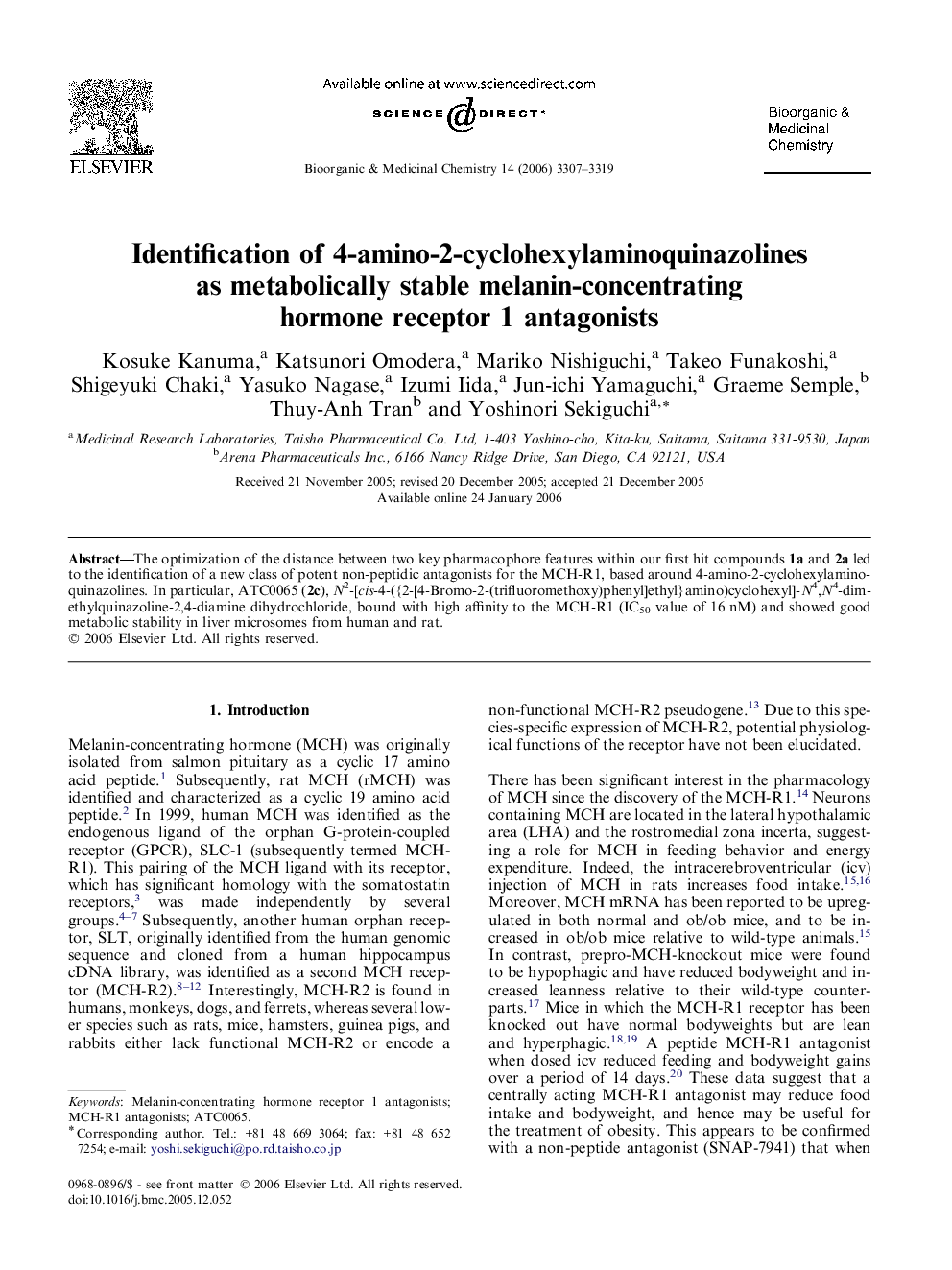 Identification of 4-amino-2-cyclohexylaminoquinazolines as metabolically stable melanin-concentrating hormone receptor 1 antagonists