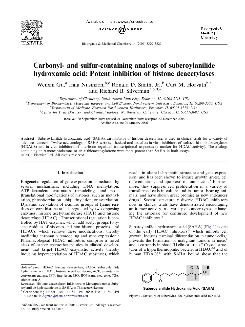 Carbonyl- and sulfur-containing analogs of suberoylanilide hydroxamic acid: Potent inhibition of histone deacetylases