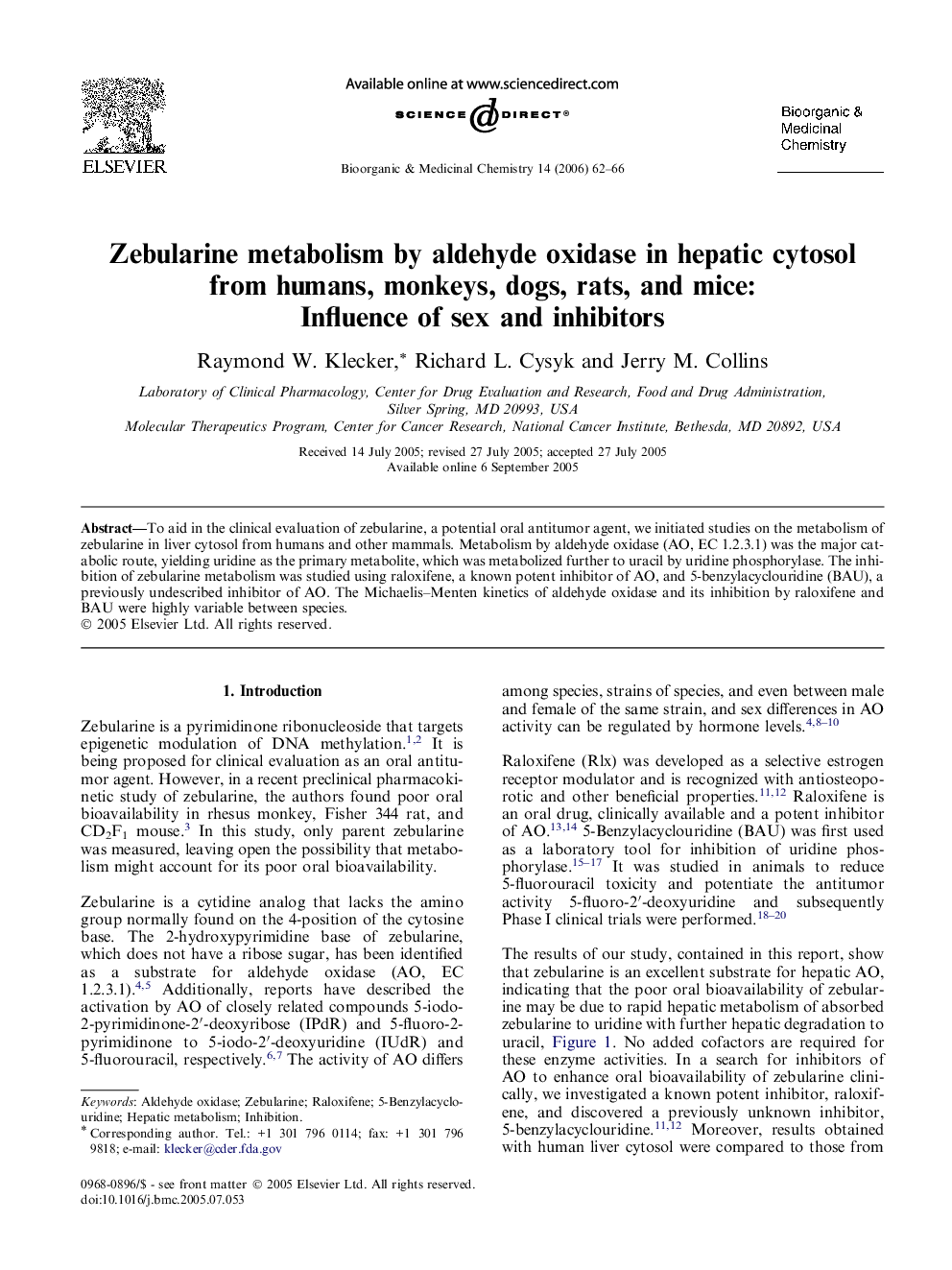 Zebularine metabolism by aldehyde oxidase in hepatic cytosol from humans, monkeys, dogs, rats, and mice: Influence of sex and inhibitors