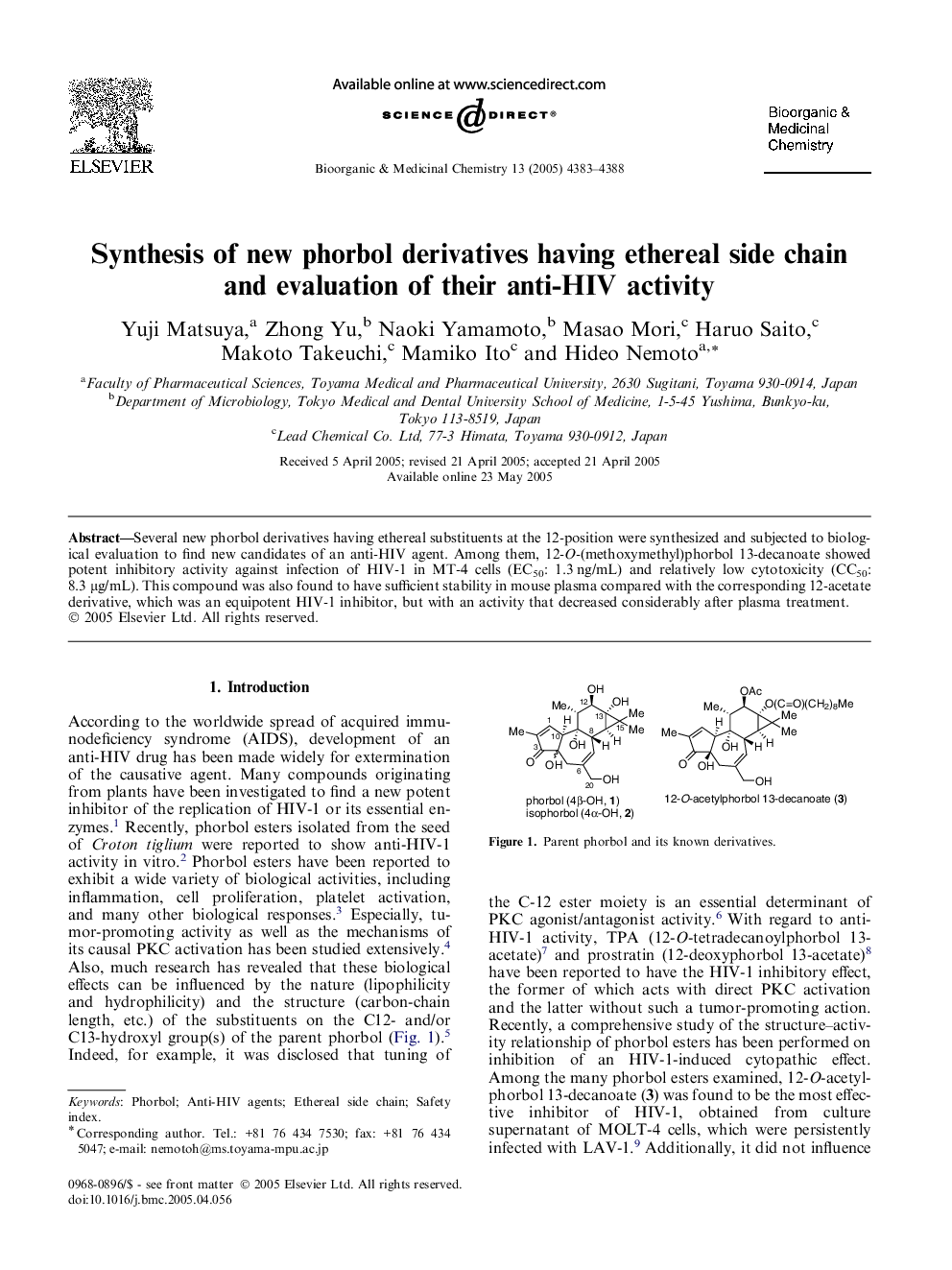 Synthesis of new phorbol derivatives having ethereal side chain and evaluation of their anti-HIV activity