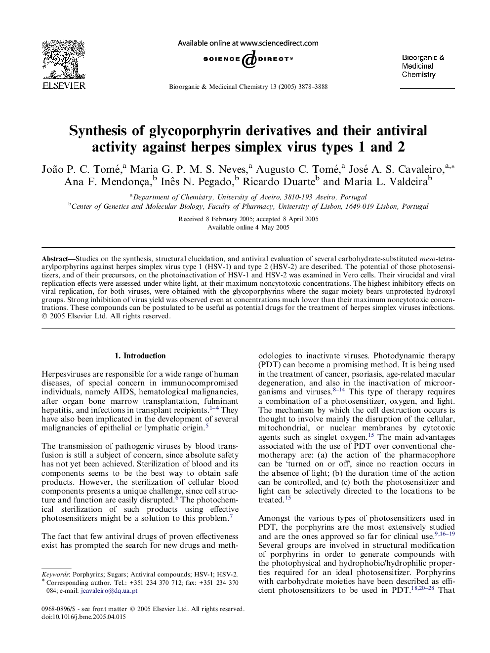 Synthesis of glycoporphyrin derivatives and their antiviral activity against herpes simplex virus types 1 and 2