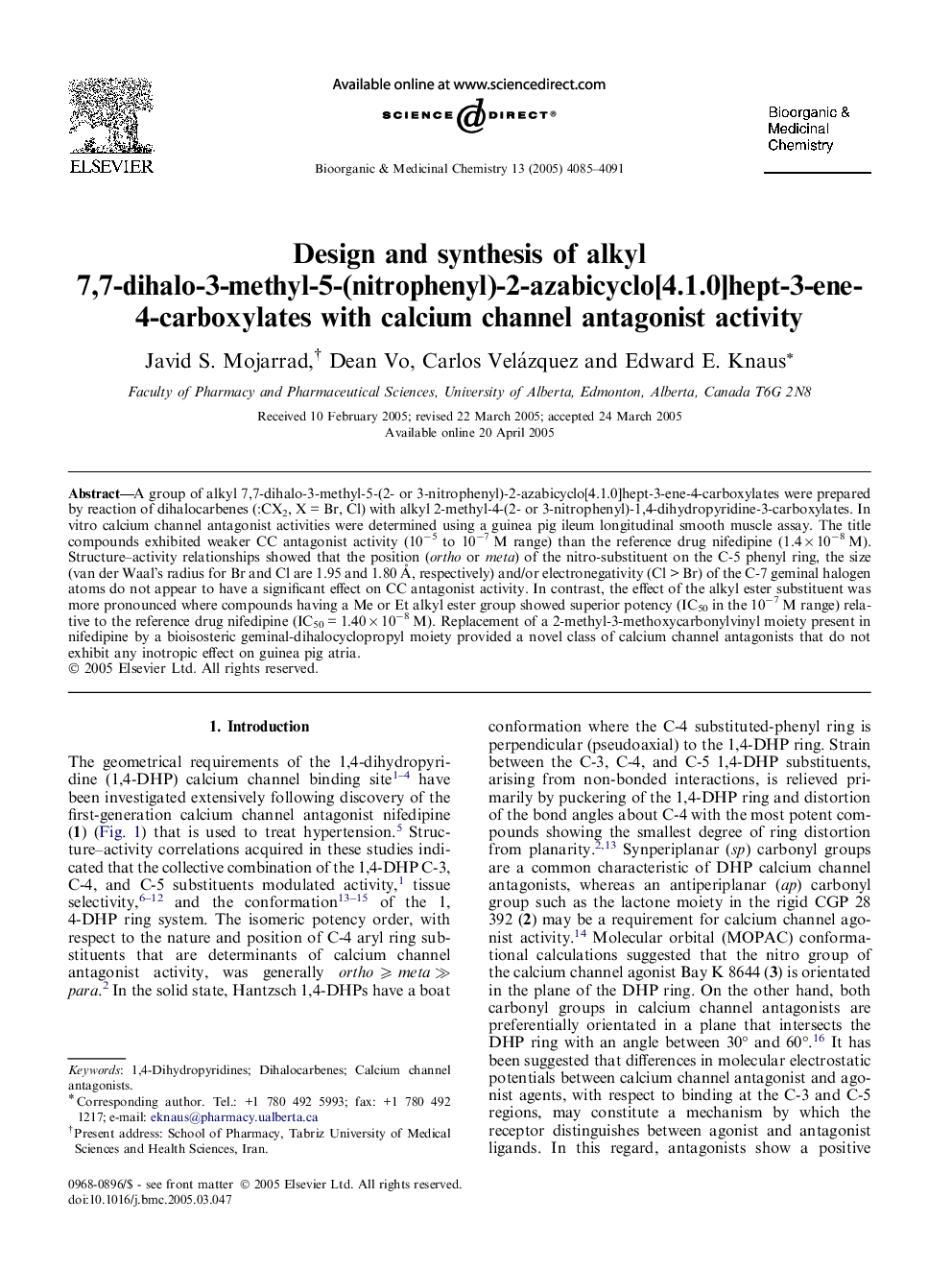 Design and synthesis of alkyl 7,7-dihalo-3-methyl-5-(nitrophenyl)-2-azabicyclo[4.1.0]hept-3-ene-4-carboxylates with calcium channel antagonist activity