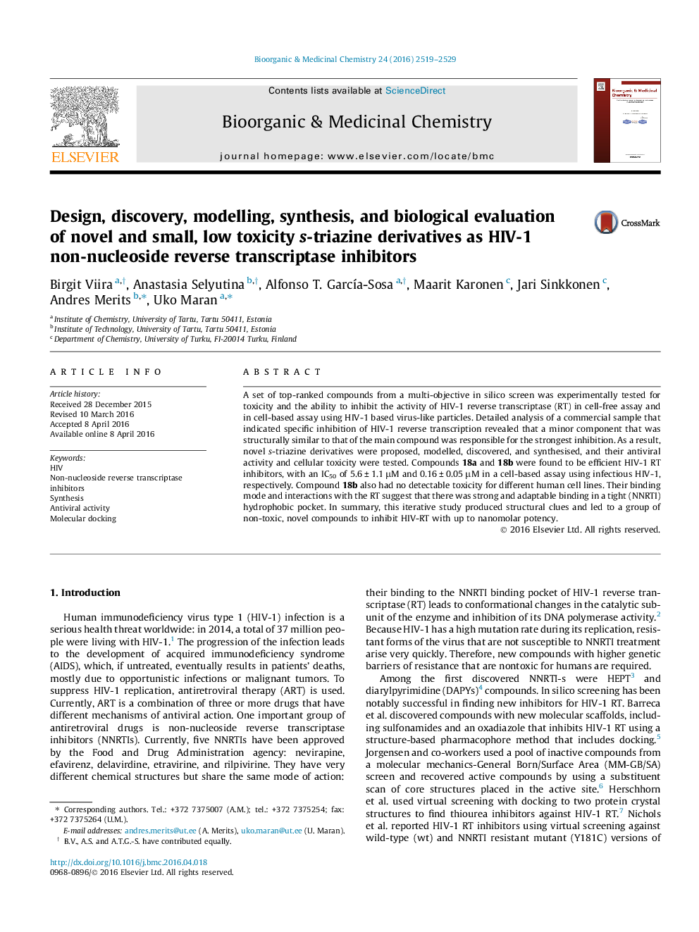 Design, discovery, modelling, synthesis, and biological evaluation of novel and small, low toxicity s-triazine derivatives as HIV-1 non-nucleoside reverse transcriptase inhibitors