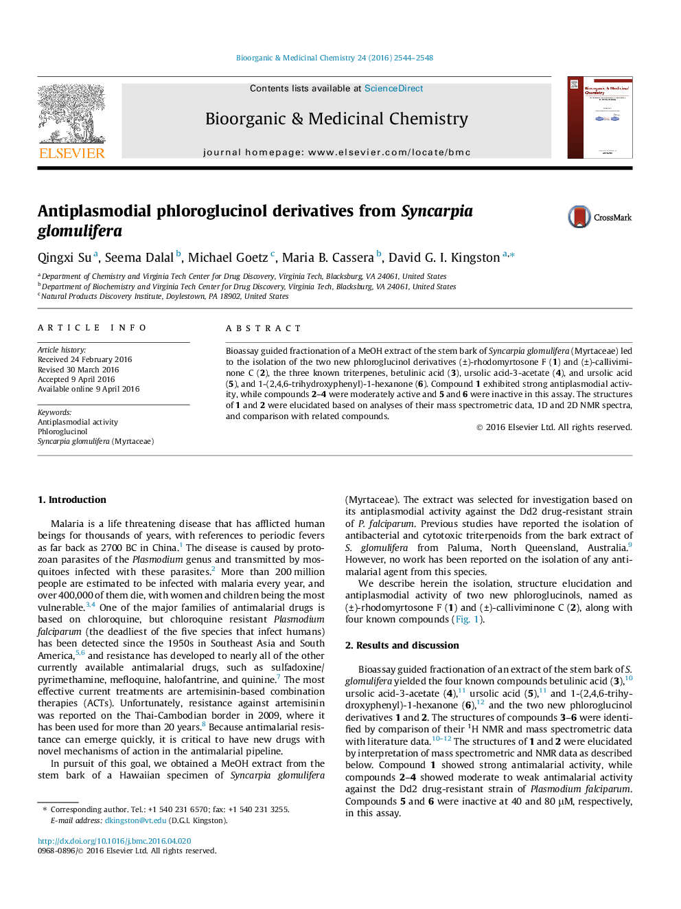 Antiplasmodial phloroglucinol derivatives from Syncarpia glomulifera