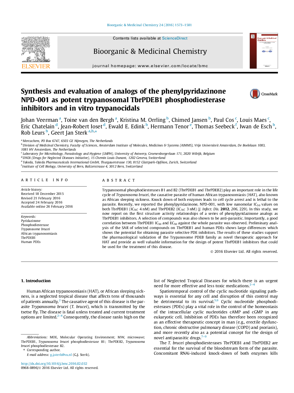 Synthesis and evaluation of analogs of the phenylpyridazinone NPD-001 as potent trypanosomal TbrPDEB1 phosphodiesterase inhibitors and in vitro trypanocidals