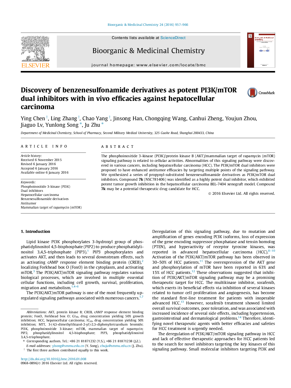 Discovery of benzenesulfonamide derivatives as potent PI3K/mTOR dual inhibitors with in vivo efficacies against hepatocellular carcinoma