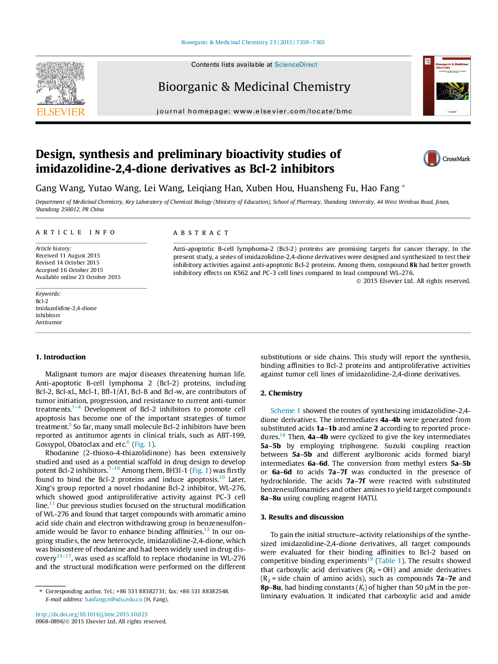 Design, synthesis and preliminary bioactivity studies of imidazolidine-2,4-dione derivatives as Bcl-2 inhibitors